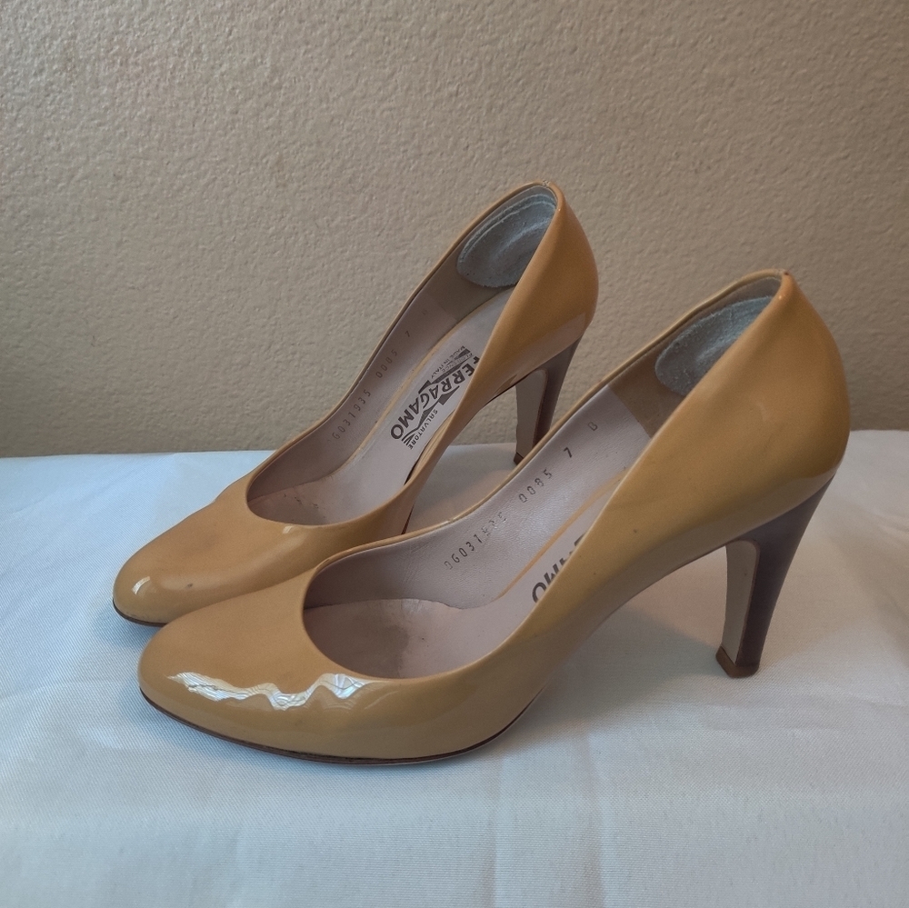Salvatore Ferragamo Mustard Patent Leather Pumps